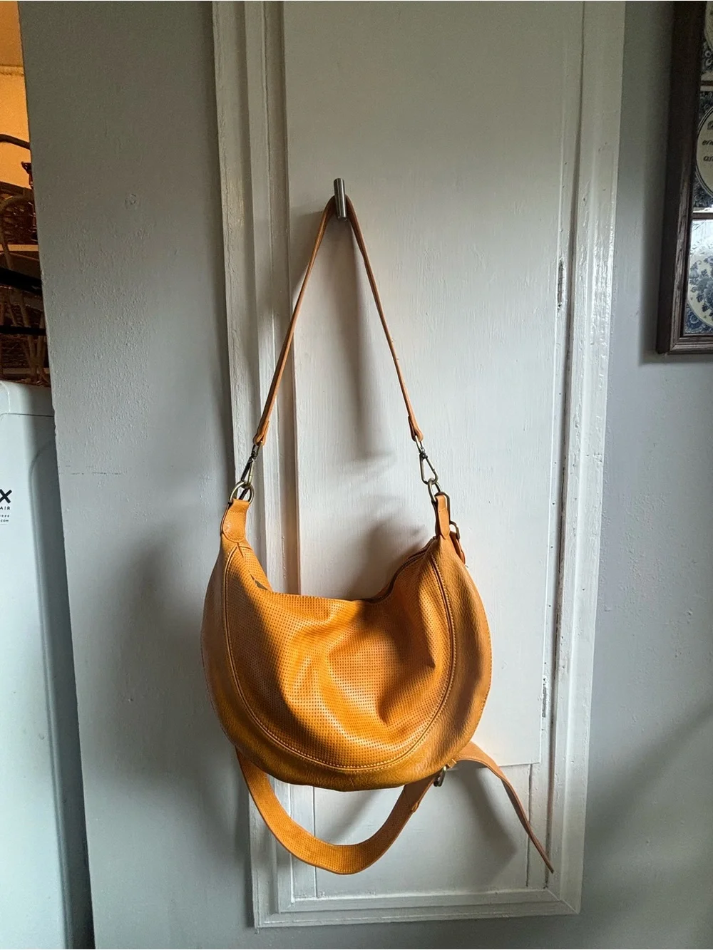 Anthropologie Mustard Tan Perforated Faux Leather Hobo Bag